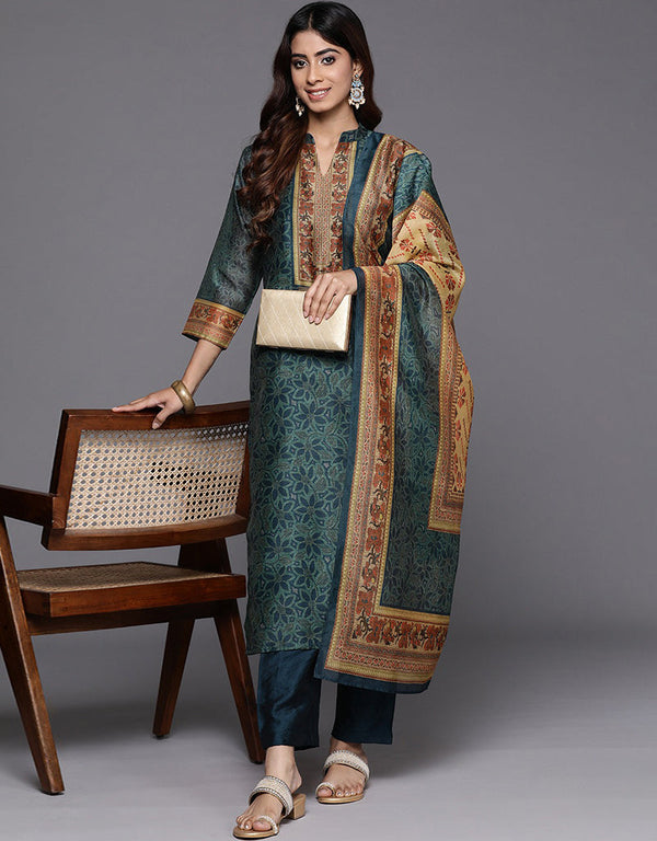 trendy gable green chanderi silk pakistani style kameez with plazo dupatta set with gable green blended silk 2861-20027 Front View