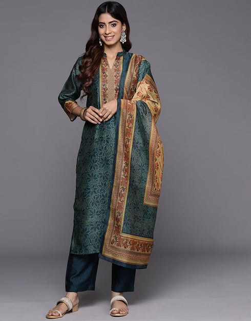 trendy gable green chanderi silk pakistani style kameez with plazo dupatta set with gable green blended silk 2861-20027 Close-up View
