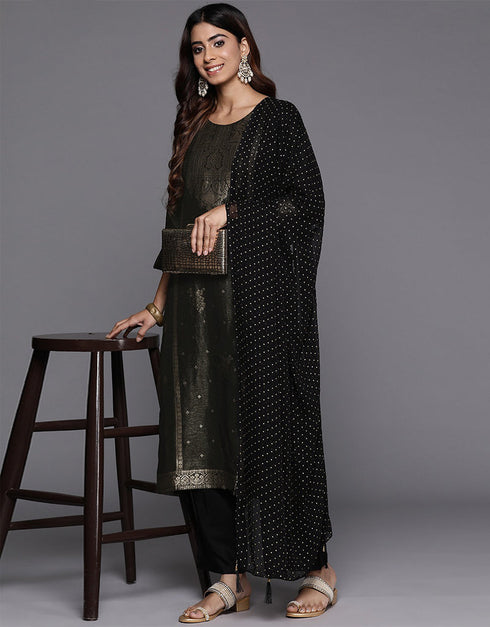 elegant zeus blended silk pakistani style kameez with plazo dupatta set with zeus blended silk 2861-20028 Close-up View