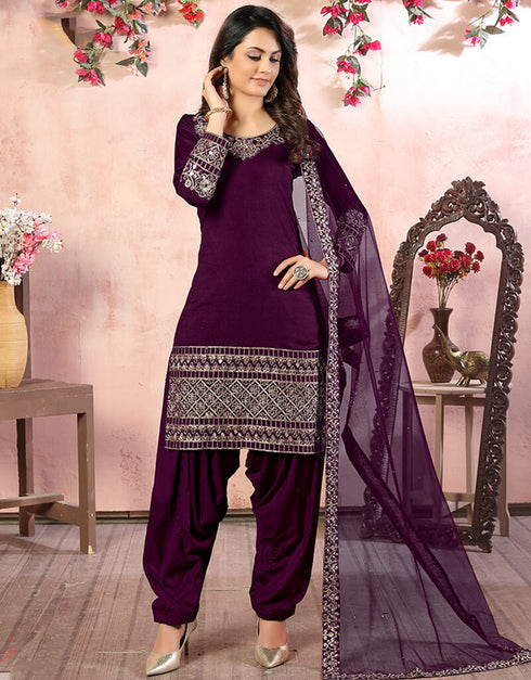 Purple Art Silk Patiyala Salwar Suit