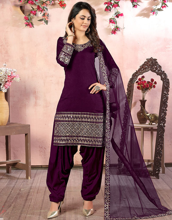 Purple Art Silk Patiyala Salwar Suit