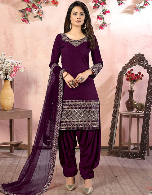 Purple Art Silk Patiyala Salwar Suit Closure View