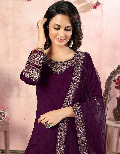 Purple Art Silk Patiyala Salwar Suit Back View