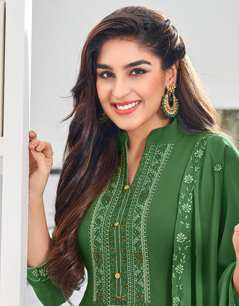 Green Pant style Straight Georgette Salwar Kameez in Embroidery & Lace Work Closure View