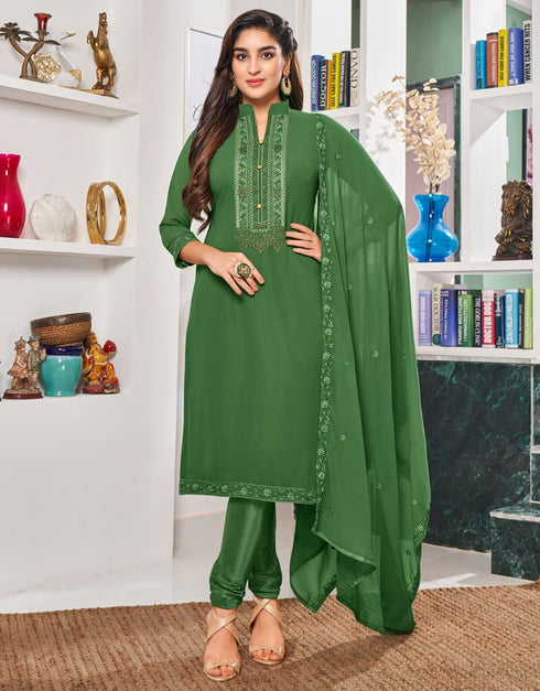 Green Pant style Straight Georgette Salwar Kameez in Embroidery & Lace Work