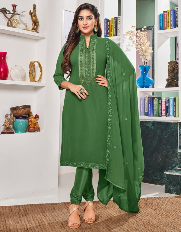 Green Pant style Straight Georgette Salwar Kameez in Embroidery & Lace Work