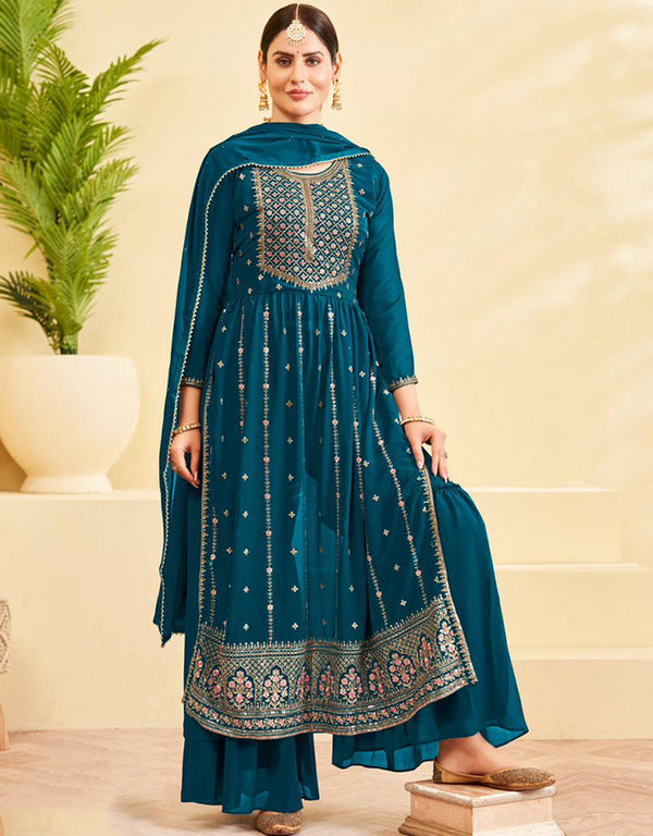 Heavy Designer Wedding Wear Georgette Salwar Suit Sherpa Blue Georgette Sharara Straight Front View