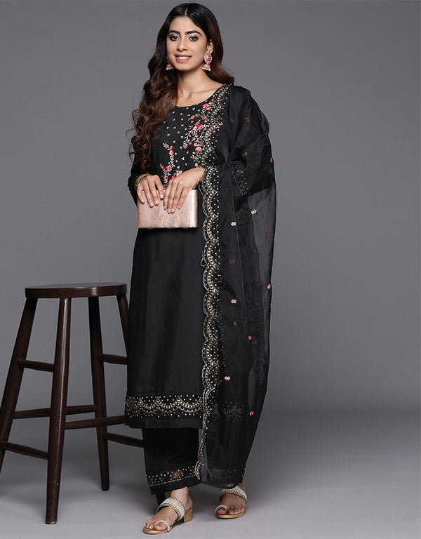 sleek onyx blended silk pakistani style kameez with plazo dupatta set with onyx blended silk 2861-20030 Front View