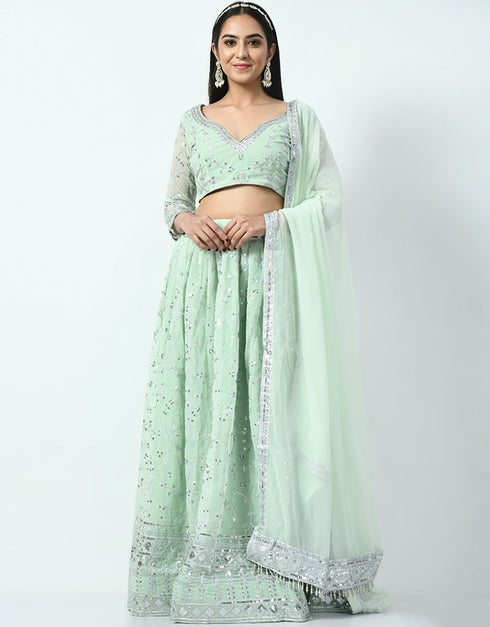 Cool Grey Faux Georgette Lehenga Choli Closure View