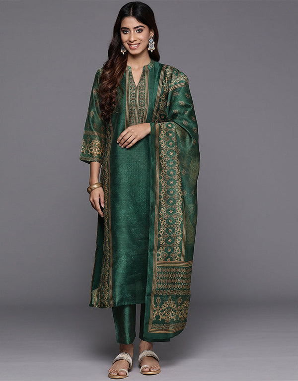 modern everglade chanderi silk pakistani style kameez with plazo dupatta set with everglade blended silk 2861-20031 Front View