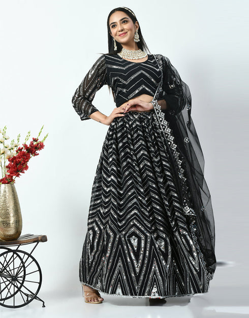 Black Faux Georgette Lehenga Choli Closure View