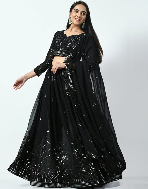 Black Faux Georgette Lehenga Choli Closure View