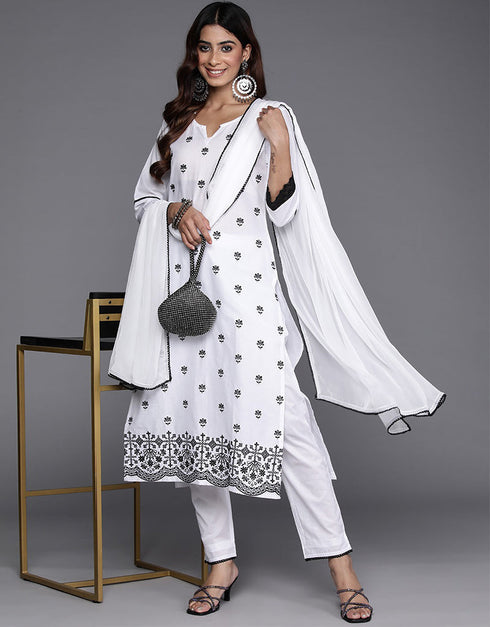 contemporary white smoke pure cotton pakistani style kameez with plazo dupatta set with white smoke pure cotton 2861-20034 Front View