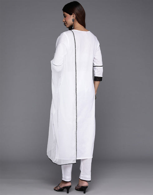 contemporary white smoke pure cotton pakistani style kameez with plazo dupatta set with white smoke pure cotton 2861-20034 Back View