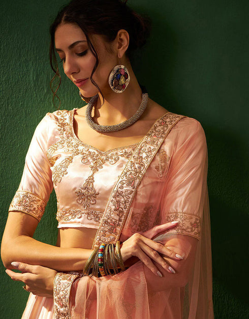 stylish light peach silk wedding style lehenga choli with light peach silk 2862-20035 Front View