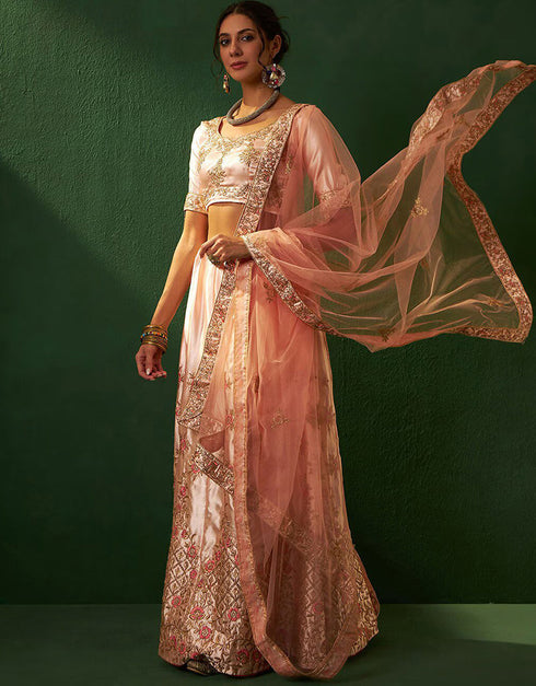 stylish light peach silk wedding style lehenga choli with light peach silk 2862-20035 Close-up View
