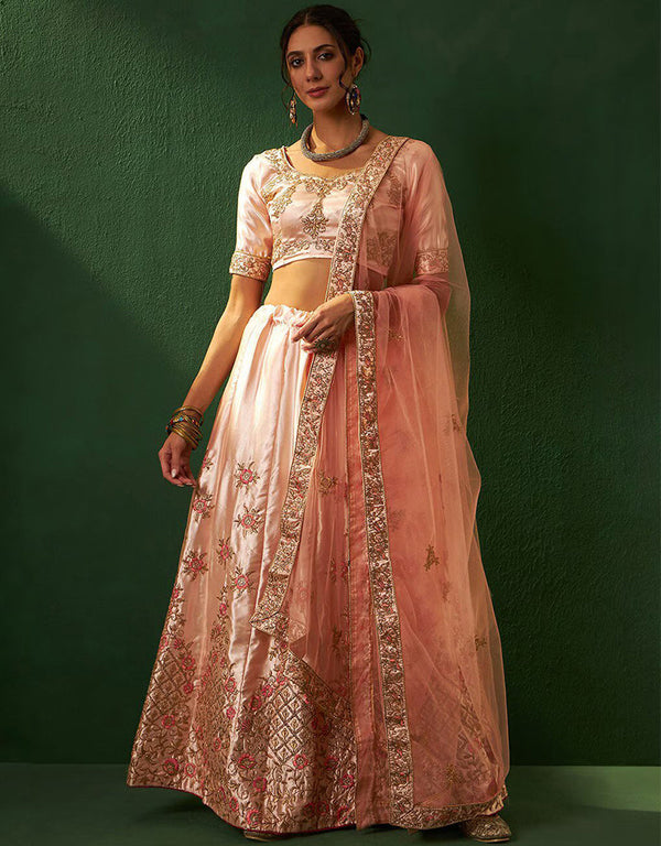 stylish light peach silk wedding style lehenga choli with light peach silk 2862-20035 Front View