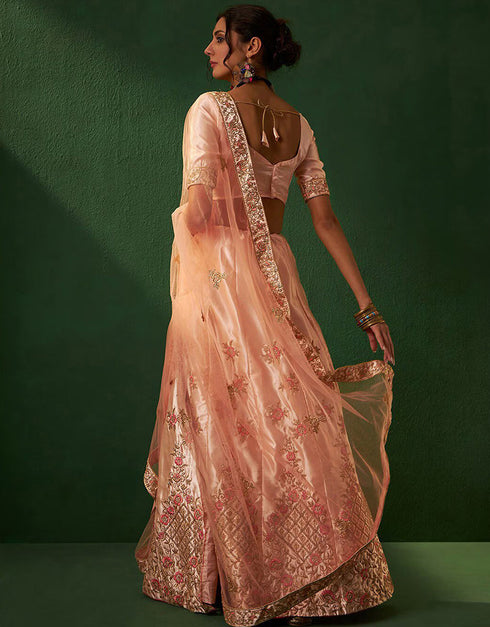stylish light peach silk wedding style lehenga choli with light peach silk 2862-20035 Back View