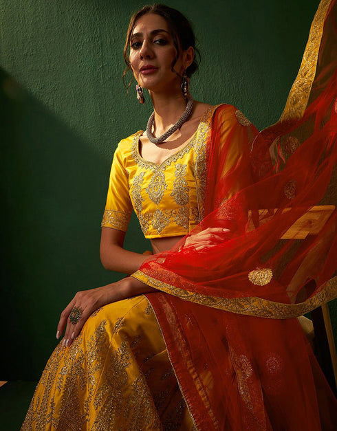 chic yellow ochre silk wedding style lehenga choli with yellow ochre silk 2862-20036 Close-up View