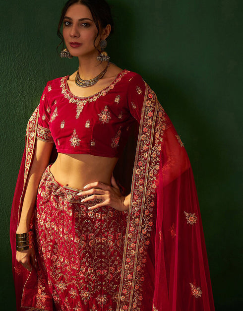 trendy crimson red velvet wedding style lehenga choli with crimson red velvet 2862-20037 Close-up View