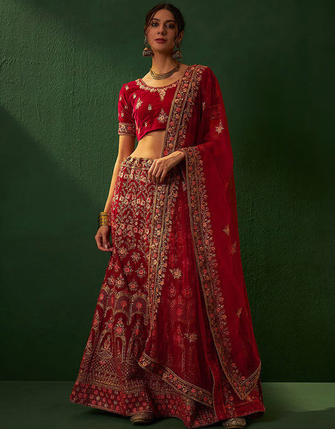 trendy crimson red velvet wedding style lehenga choli with crimson red velvet 2862-20037 Front View