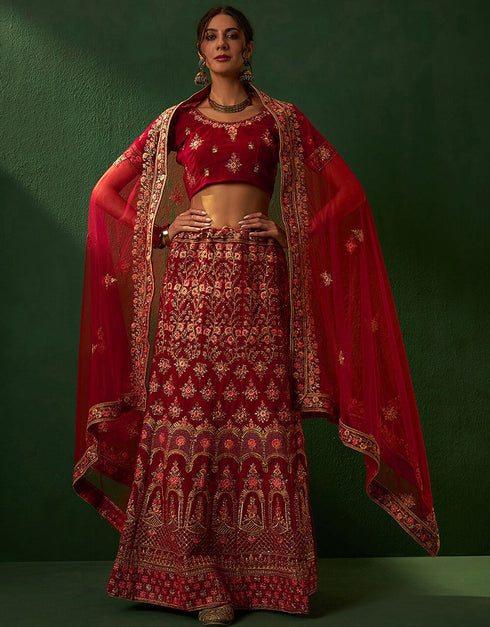 trendy crimson red velvet wedding style lehenga choli with crimson red velvet 2862-20037 Front View