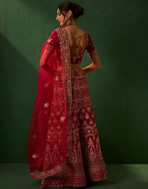 trendy crimson red velvet wedding style lehenga choli with crimson red velvet 2862-20037 Back View