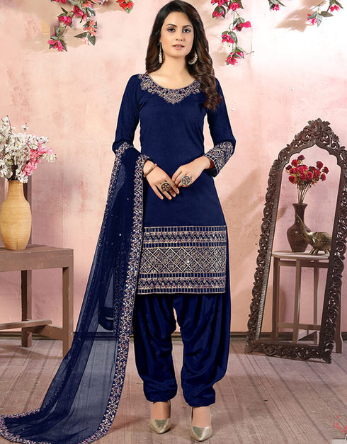 Blue Art Silk Patiyala Salwar Suit Closure View