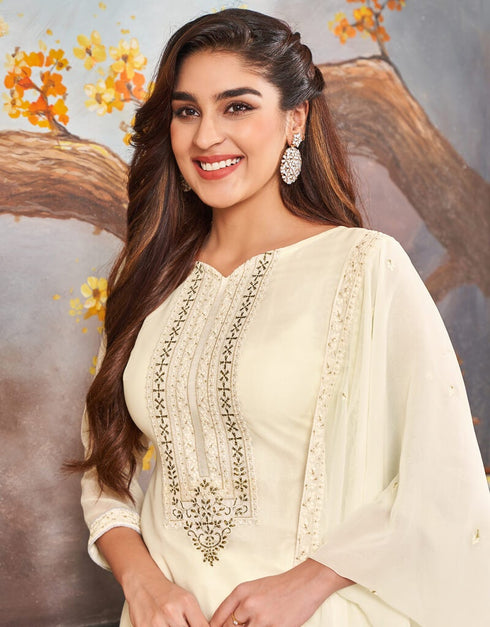 White Pant style Straight Georgette Salwar Kameez in Embroidery & Lace Work Closure View