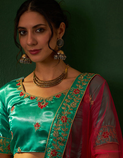 sleek caribbean green silk wedding style lehenga choli with caribbean green silk 2862-20040 Back View