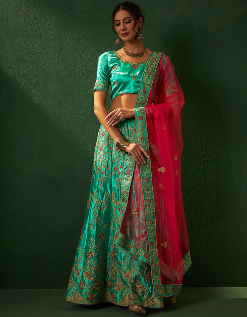 sleek caribbean green silk wedding style lehenga choli with caribbean green silk 2862-20040 Front View