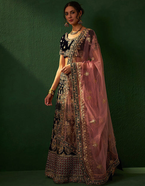 glamorous smoky black velvet wedding style lehenga choli with smoky black velvet 2862-20043 Back View