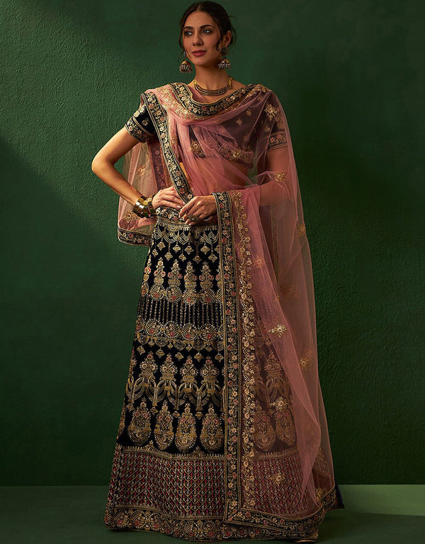 glamorous smoky black velvet wedding style lehenga choli with smoky black velvet 2862-20043 Front View