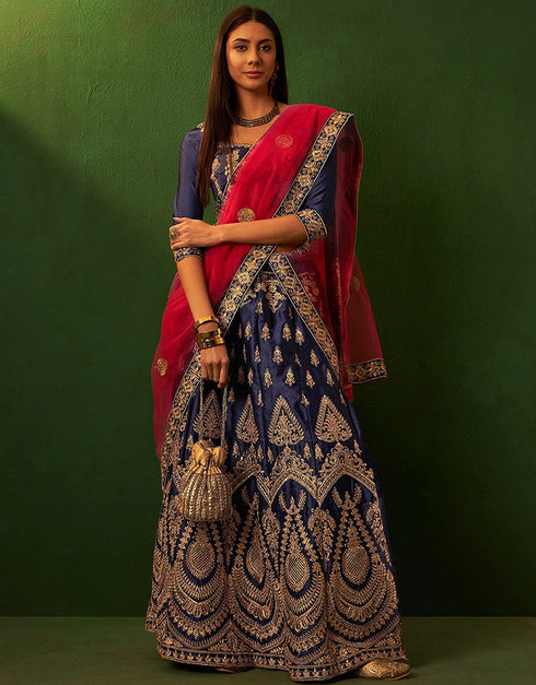 contemporary dark blue silk wedding style lehenga choli with dark blue silk 2862-20044 Front View