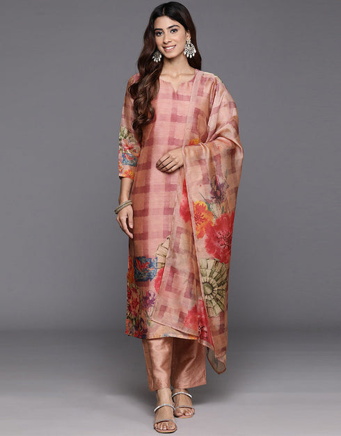 stylish oriental pink chanderi silk pakistani style kameez with plazo dupatta set with oriental pink blended silk 2863-20045 Close-up View