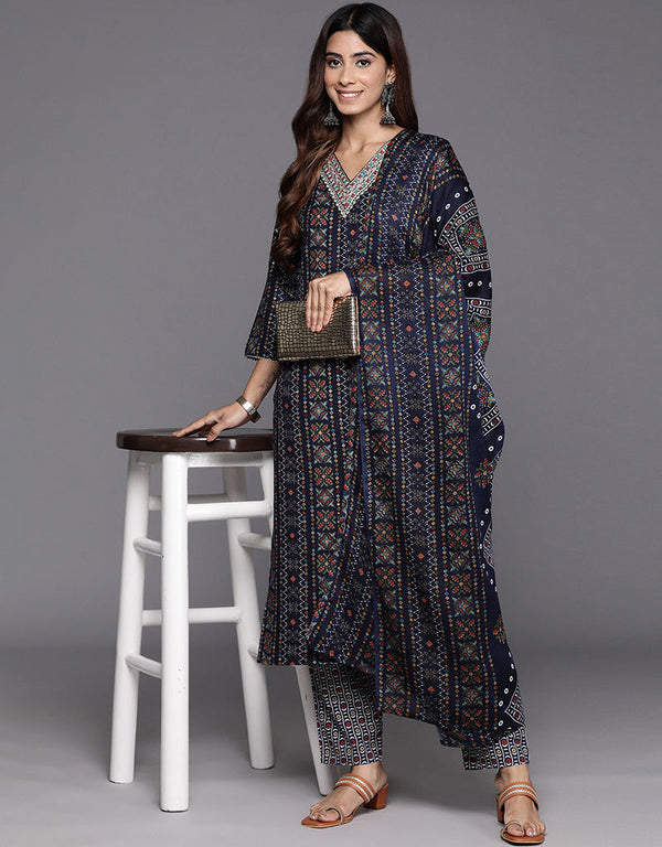 chic smoky black blended cotton pakistani style kameez with plazo dupatta set with smoky black blended cotton 2863-20046 Front View