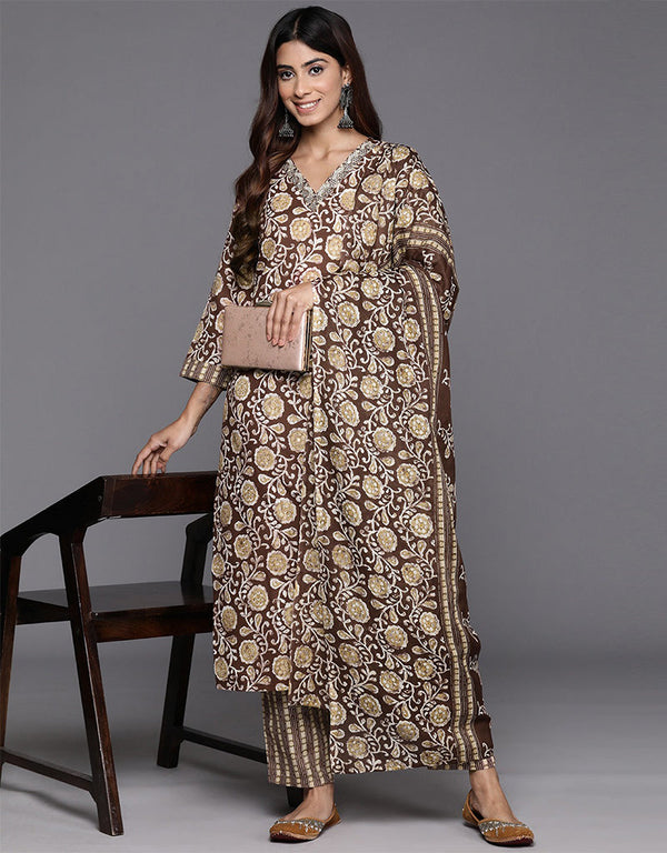 trendy lisbon brown blended cotton pakistani style kameez with plazo dupatta set with lisbon brown blended cotton 2863-20047 Front View