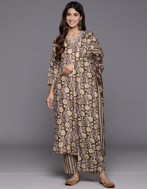 trendy lisbon brown blended cotton pakistani style kameez with plazo dupatta set with lisbon brown blended cotton 2863-20047 Close-up View