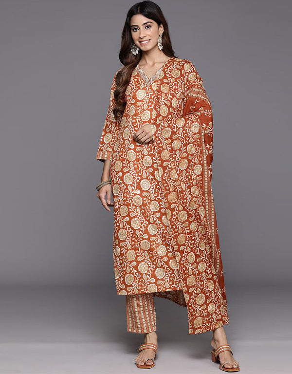 elegant brownish red blended cotton pakistani style kameez with plazo dupatta set with brownish red blended cotton 2863-20048 Front View