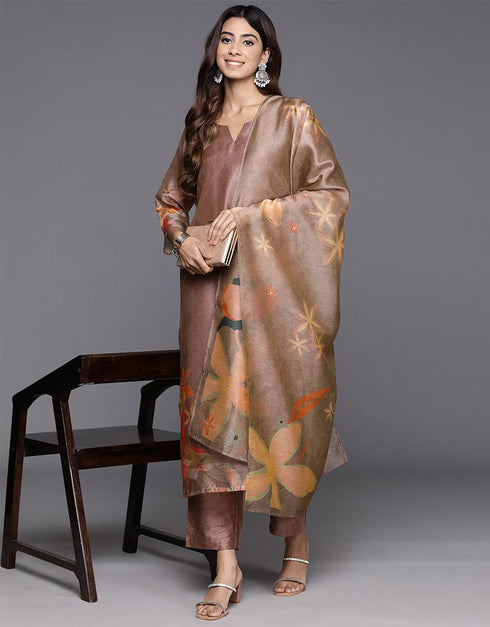 fashionable roman coffee chanderi silk pakistani style kameez with plazo dupatta set with roman coffee blended silk 2863-20049 Front View