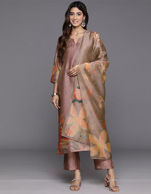 fashionable roman coffee chanderi silk pakistani style kameez with plazo dupatta set with roman coffee blended silk 2863-20049 Close-up View