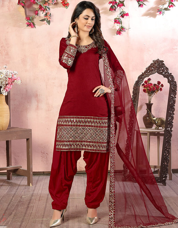 Maroon Art Silk Patiyala Salwar Suit