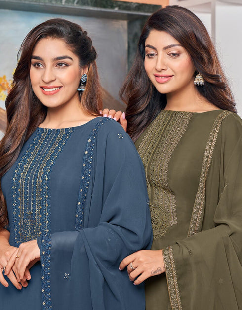 Greenish Grey Pant style Straight Georgette Salwar Kameez in Embroidery & Lace Work Closure View