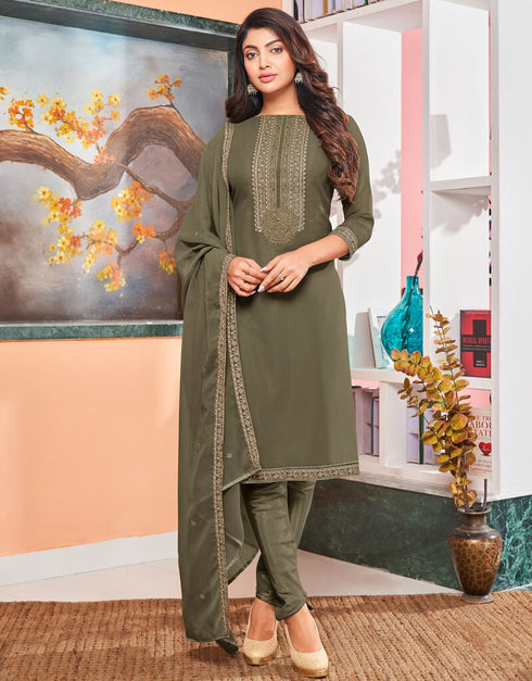 Greenish Grey Pant style Straight Georgette Salwar Kameez in Embroidery & Lace Work
