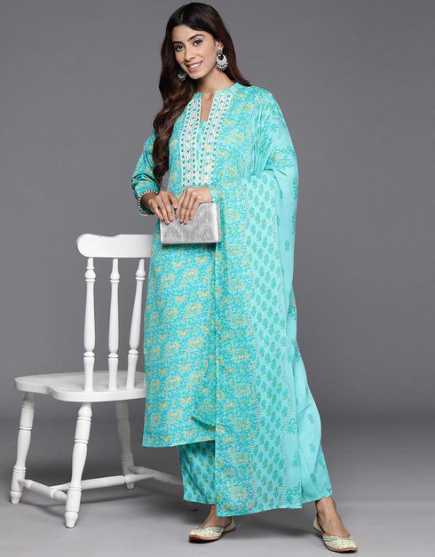 sleek vista blue blended cotton pakistani style kameez with plazo dupatta set with vista blue blended cotton 2863-20050 Front View