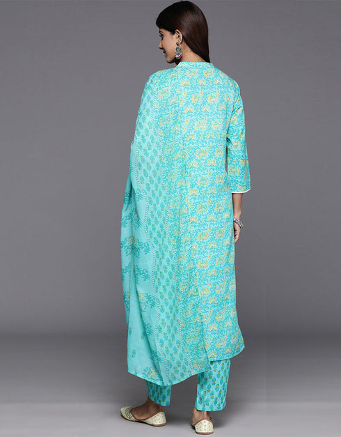 sleek vista blue blended cotton pakistani style kameez with plazo dupatta set with vista blue blended cotton 2863-20050 Back View