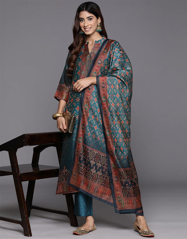 modern blue bayoux chanderi silk pakistani style kameez with plazo dupatta set with blue bayoux blended silk 2863-20051 Front View