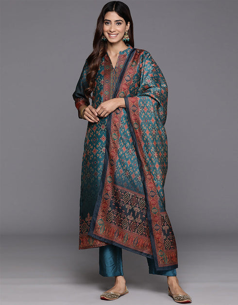 modern blue bayoux chanderi silk pakistani style kameez with plazo dupatta set with blue bayoux blended silk 2863-20051 Close-up View