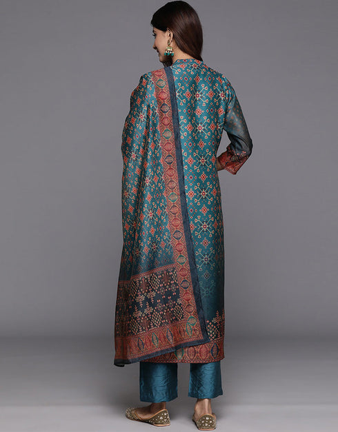 modern blue bayoux chanderi silk pakistani style kameez with plazo dupatta set with blue bayoux blended silk 2863-20051 Back View