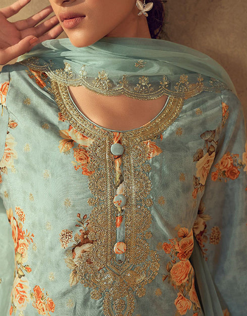 glamorous light grey blended silk pakistani style kameez with plazo dupatta set with light grey blended silk 2863-20053 Back View